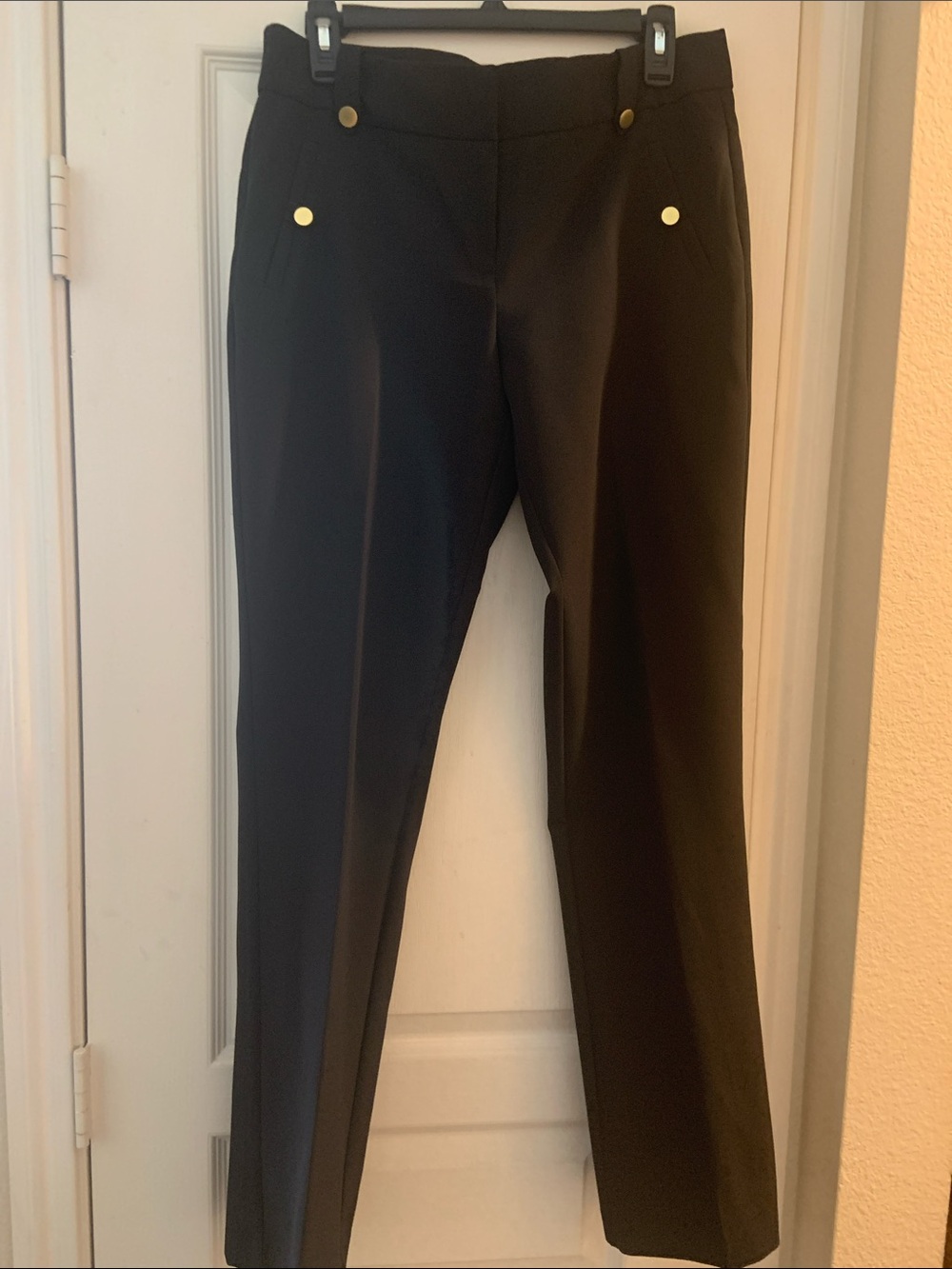 Women's Black Straight-Leg Trousers with Gold Button Accents